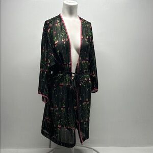 Josie Natori Kimono Robe Belted Short Sleeve Pink Roses Floral Black Sheer Small